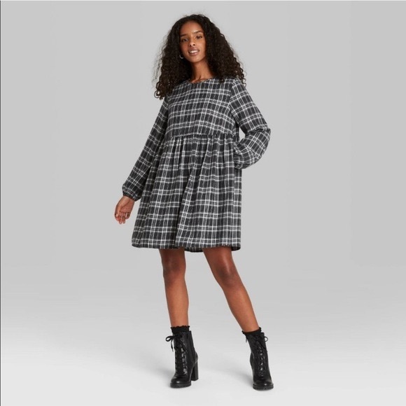 Wild Fable Plaid Babydoll Dress Black & White - Picture 1 of 2